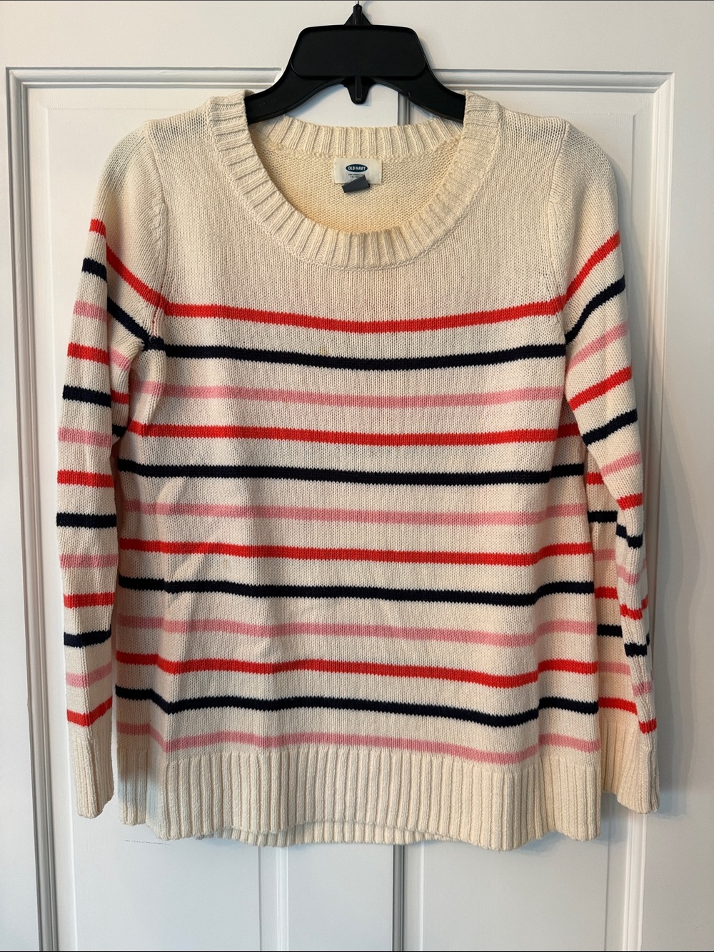Old Navy Cream Crewneck Sweater with Red, Pink & Navy Stripes